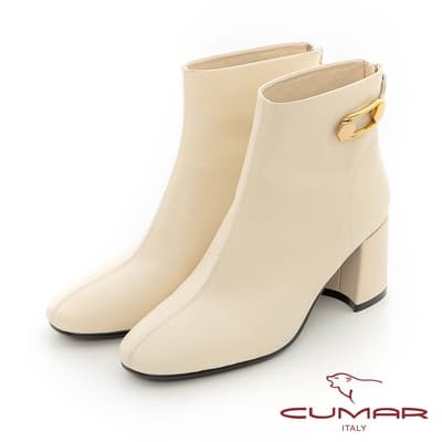【CUMAR】復古方頭粗跟金屬釦短靴-米色