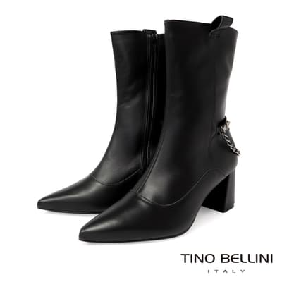 Tino Bellini 巴西進口鉚釘金屬鍊飾尖頭拉鍊粗跟靴-黑