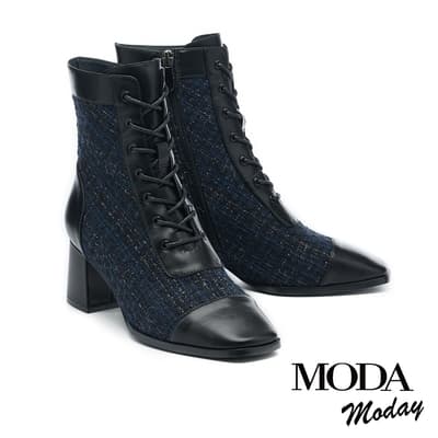 短靴  MODA MODAY 優雅復古感拼接毛呢布方頭高跟短靴－黑