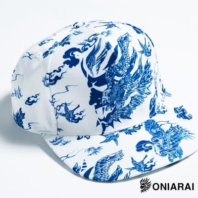 鬼洗 BLUE WAY – 藍摺繪滿版印花平版帽(白)