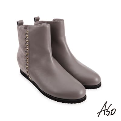 A.S.O  時尚流行 牛皮拼接羊絨飾釦真皮短靴-灰