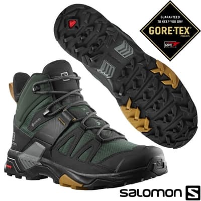 索羅門 SALOMON 男 X ULTRA 4 GTX 防水透氣耐磨中筒登山鞋(寬楦)_灰綠/黑/孜然黃