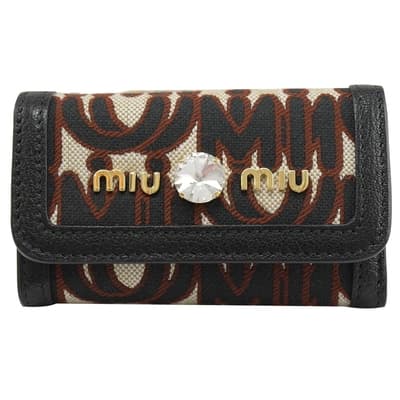 MIU MIU 品牌英字LOGO織布拼接羊皮6孔隨身鑰匙包(黑邊)