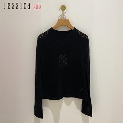 JESSICA RED - 氣質時尚百搭鏤空羊毛羊絨長袖針織衫832Z51（黑）