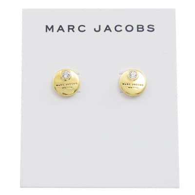 MARC JACOBS 金屬logo圓牌水鑽裝飾耳針式耳環(金色)