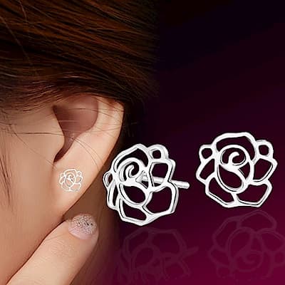 I.Dear飾品-正白K-花物語-韓國簍空玫瑰造型銀色耳針耳環DB38