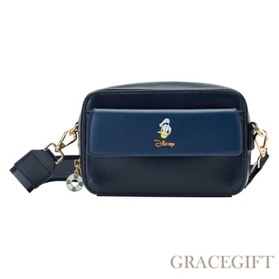 【Grace Gift】迪士尼唐老鴨款壓紋掀蓋相機包 深藍