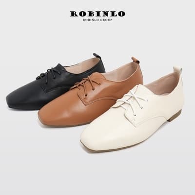 Robinlo簡單率性復古方頭綁帶德比鞋 黑色/棕色/米白色