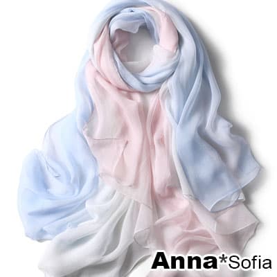 AnnaSofia 霓彩漸層 仿蠶絲大尺寸披肩絲巾圍巾(藍粉系)