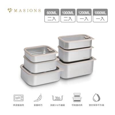【MASIONS 美心】PREMIUM 可微波 皇家316不鏽鋼矽膠玻璃蓋抗菌保鮮盒(大容量豪華6件組)
