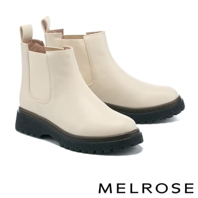 短靴 MELROSE 率性異材質拼接牛皮切爾西厚底短靴－米