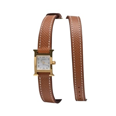 HERMES H PM系列小牛皮H金框石英女仕雙圈腕錶(褐金色)