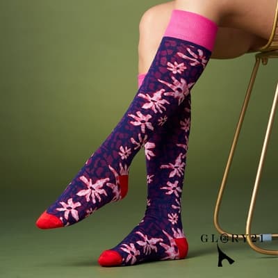 【GLORY21】網路獨賣款-法式時尚潮風高筒襪-深藍花朵
