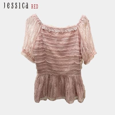 JESSICA RED - 甜美網紗蕾絲一字肩短袖上衣 812262