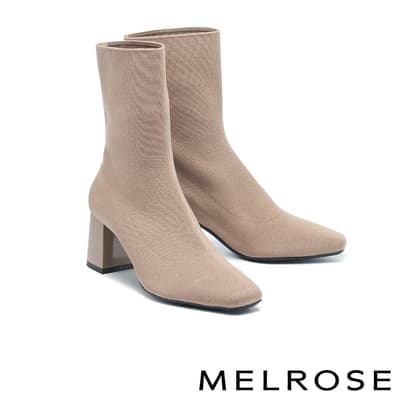 短靴 MELROSE 美樂斯 極簡時髦純色飛織布方頭高跟短靴－杏