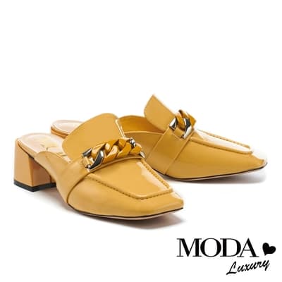 穆勒鞋 MODA MODAY 個性粗鍊牛漆皮方頭高跟穆勒拖鞋－黃