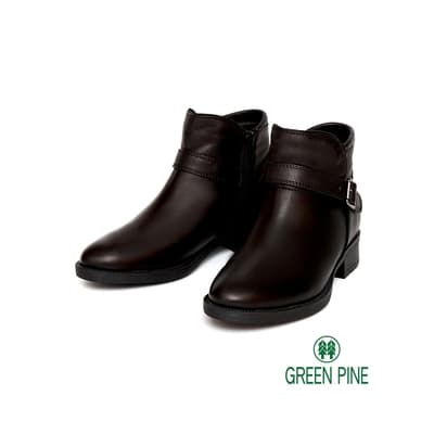 Green Pine 熱銷率性皮帶扣小羊皮粗跟短靴 黑色 (00863168)