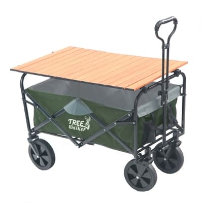 TreeWalker 多用途露營便攜摺疊置物手拉車(四輪推車)-軍綠加行動木紋桌板組