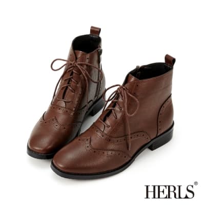 HERLS短靴-翼紋沖孔皮革綁帶牛津靴短靴-深棕色