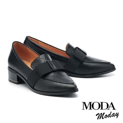 低跟鞋 MODA MODAY 韓系氣質蝴蝶結微尖頭樂福粗低跟鞋－黑