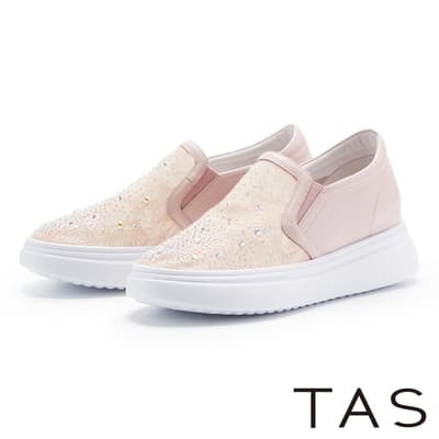TAS 雙材質拼接燙鑽厚底休閒鞋 粉紅