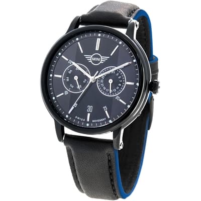 MINI Swiss Watches 石英錶  43.5mm 黑底二眼錶面 黑色藍邊皮錶帶