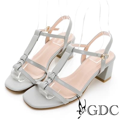 GDC-希臘女神款抓皺T字細帶素色春夏真皮低跟涼鞋-灰色