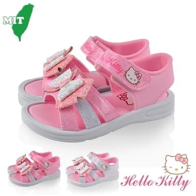 Hello Kitty童鞋 閃亮蝴蝶結輕量減壓休閒涼鞋-白&粉色