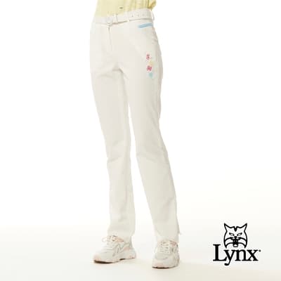 【Lynx Golf】女款彈性舒適布料口袋透氣織帶設計魔術方塊系列繡花窄管長褲-白色