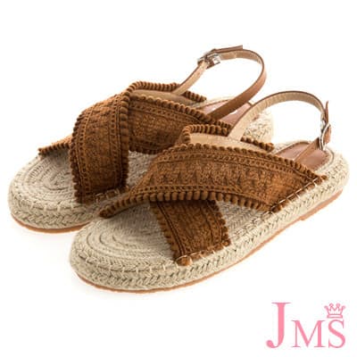 JMS-造型織面毛球滾邊麻編底涼鞋-棕色