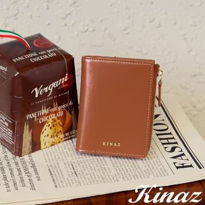 KINAZ 牛皮L型拉鍊零錢袋直式對折短夾-甜糖磚-馬賽克系列