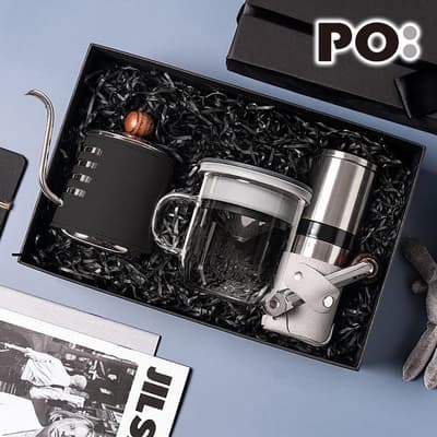 【PO:Selected】丹麥手沖咖啡三件禮盒組(咖啡壺-黑/玻璃杯350ml-黑灰/咖啡磨2.0)
