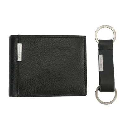 Calvin Klein 經典鐵牌LOGO荔枝紋皮革短夾鑰匙圈禮盒-黑色