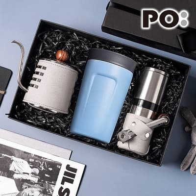 【PO:Selected】丹麥手沖咖啡三件禮盒組(咖啡壺-灰/隨行保溫咖啡杯-藍/咖啡磨2.0)