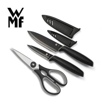 [三刀組]德國WMF TOUCH 不鏽鋼雙刀(9CM+13CM)(附刀套)-黑色＋料理剪刀- 黑色