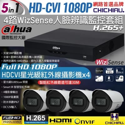 【CHICHIAU】Dahua大華 H.265 5MP 4路CVI 1080P數位遠端監控套組(含星光級2MP紅外線攝影機x4)