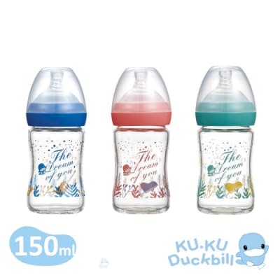 KUKU酷咕鴨 夢想樂章寬口玻璃奶瓶150ml三入組(月光藍/早春粉/原野綠)