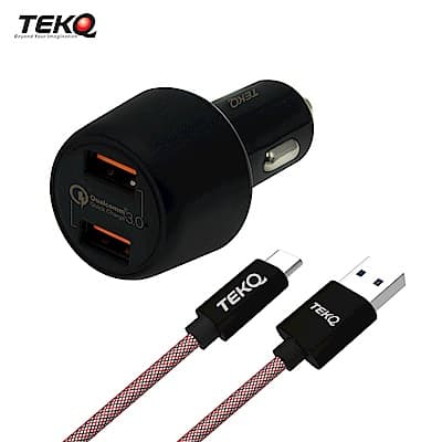 [組合] TEKQ 2孔 USB 36W QC3.0 車充快充充電器 + TEKQ uCable Type-C USB 傳輸充電線 120cm