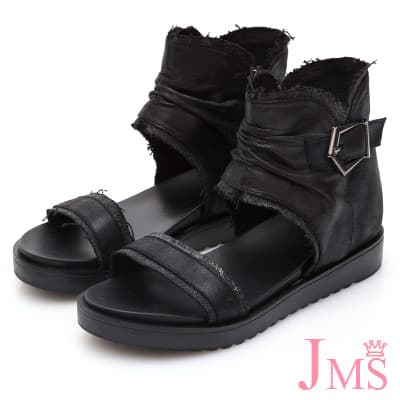 JMS-美式街頭風異材質拼接自然抓皺羅馬涼鞋-黑色