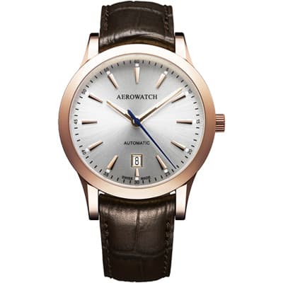 AEROWATCH 簡約紳士時尚機械腕錶-銀x玫瑰金框/41mm