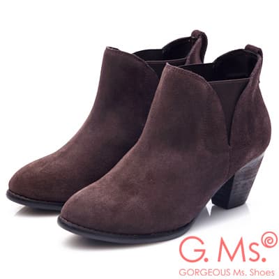 G.Ms. 牛麂皮拼接鬆緊帶造型粗跟踝靴-深咖啡