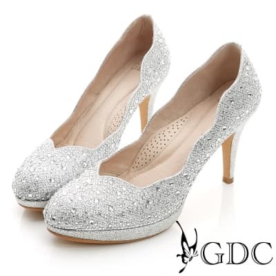 GDC幸福-色彩水鑽側波浪造型真皮中跟鞋(婚鞋)-銀色