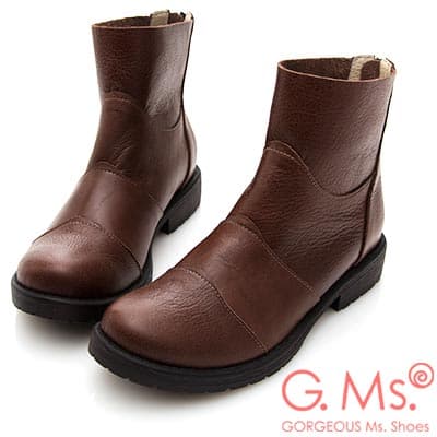 G.Ms. MIT系列-牛皮拼接造型後拉鍊短靴-咖啡