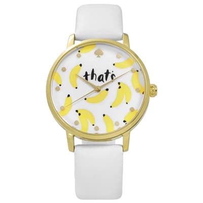 kate spade 創意隨興手繪塗鴉香蕉真皮手錶-白x金框/34mm