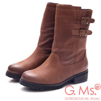 G.Ms. 牛皮雙平行皮帶釦中筒工程靴-咖啡