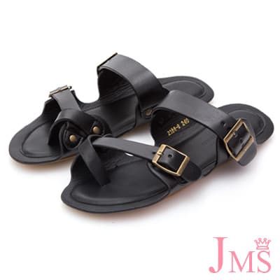 JMS-出遊必備舒適皮革夾腳平底拖鞋-黑色