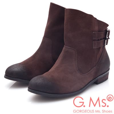 G.Ms. 牛麂皮斜口皮帶釦低跟短靴-深咖啡
