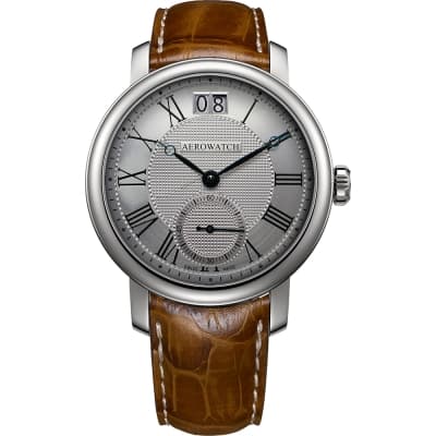 AEROWATCH Renaissance 大日期視窗腕錶-銀x咖啡色錶帶/43mm