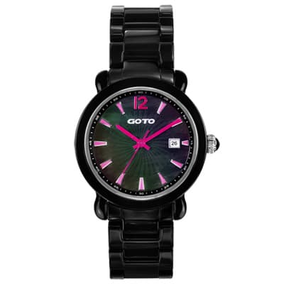 GOTO 躍動元素時尚陶瓷腕錶-黑x粉紅時標/40mm