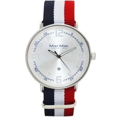 Max Max 簡約紐約夾層帆布風腕錶-銀X藍白紅/41mm